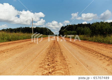 Sandy road surrounded by green forest in summer 65707489