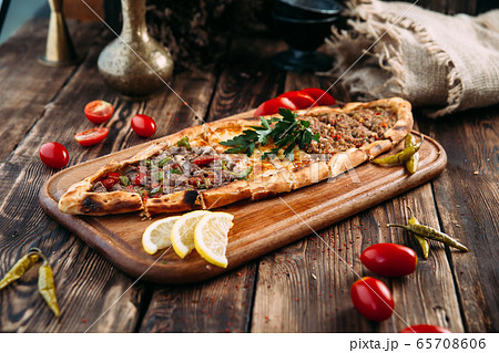 Pide turkish flat bread with ground meat Pide turkish flat bread with ground meat 65708606
