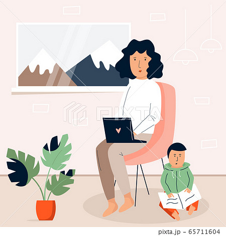 Mother and baby in a living room. Home office concept. 65711604