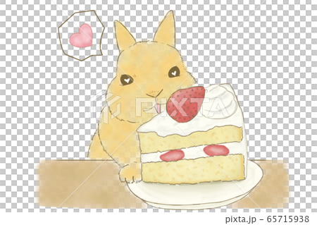 イチゴのショートケーキを食べるうさぎのイラスト素材