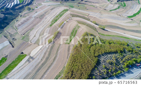 Aerial view of terraced farm field mass production during summer dry season 65716563