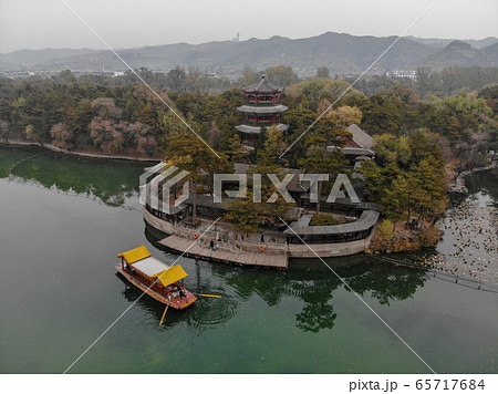 Aerial view of little pavilions next the lake inside the Imperial Summer Palace. Chengde, China Aerial view of little pavilions next the lake inside the Imperial Summer Palace. Chengde, China 65717684
