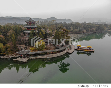Aerial view of little pavilions next the lake inside the Imperial Summer Palace. Chengde, China 65717765