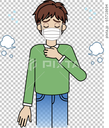 咳、呼吸が荒く、喉の痛みのあるマスク着用の男性。首、胸元に手を当てている。 65718694
