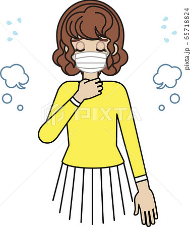呼吸の荒く 咳や喉の不調があるマスク着用の若い女性 首 胸元に手を当てている のイラスト素材