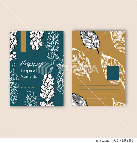 Line art tropical postcard design with flowers and 65719880