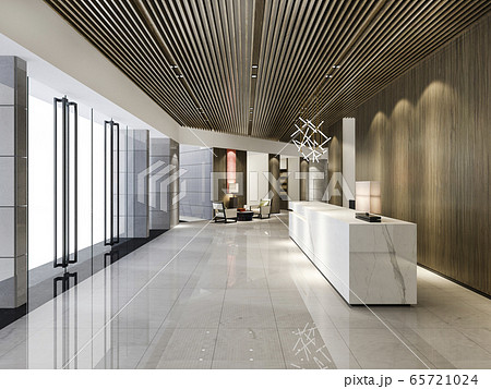 3d rendering luxury hotel reception hall and wood asian style office with modern counter 65721024