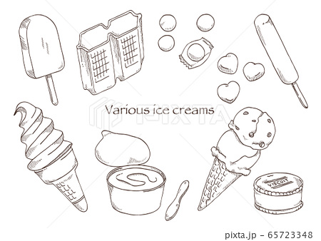 いろんな種類のアイスクリームの素材イラスト 線画 のイラスト素材