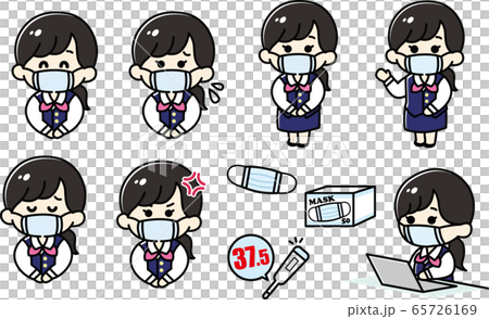 マスクをして接客をする事務員女性のイラストのイラスト素材