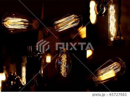 Collage. Light and lighting.Edisson's retro lamp. Warm orange light. Collage. Light and lighting.Edisson's retro lamp. Warm orange light. 65727081