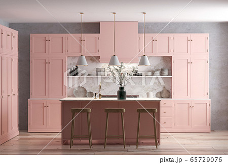 3d rendering of modern kitchen cabinet in pink 65729076
