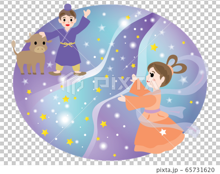 七夕の夜に天の川で会う織姫と彦星のイラスト素材