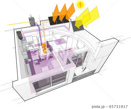 Apartment diagram with floor heating and gas water boiler and photovoltaic and solar panels Apartment diagram with floor heating and gas water boiler and photovoltaic and solar panels 65731917