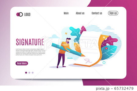 Electronic signature. Signature of business contract with an e-signature on device. Flat Colorful style. Web template page with shadow. Vector illustration 65732479