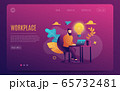 A man at work. Working at a laptop. Flat Colorful style.Workplace. Web page template. Violet Background. Vector illustration 65732481