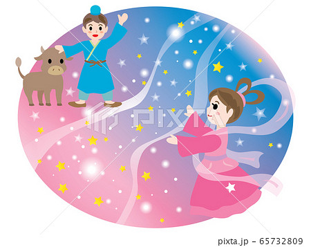 七夕の夜に天の川で会う織姫と彦星 65732809