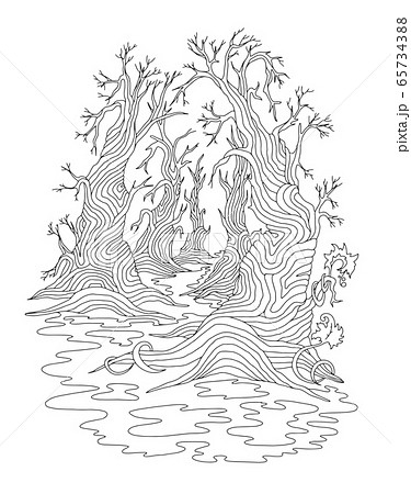 Fantastic gothic forest. Hand-drawn concept for adult coloring book, page, postcard, print. Vector outline illustration. 65734388