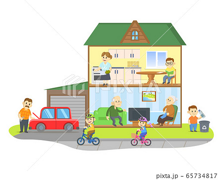 Two-storie house model cross section with people in it. Rooms with furniture, detailed interior. Flat vector illustration, isolated on white background. 65734817