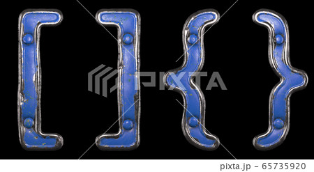 Set of symbols left, right braces made of painted metal with blue rivets on black background. 3d Set of symbols left, right braces made of painted metal with blue rivets on black background. 3d 65735920