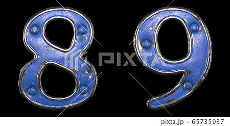 Set of numbers 8, 9 made of painted metal with blue rivets on black background. 3d 65735937