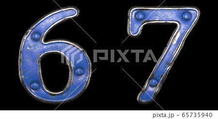 Set of numbers 6, 7 made of painted metal with blue rivets on black background. 3d Set of numbers 6, 7 made of painted metal with blue rivets on black background. 3d 65735940