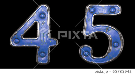 Set of numbers 4, 5 made of painted metal with blue rivets on black background. 3d 65735942