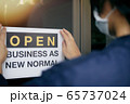 Reopening for business adapt to new normal in the novel Coronavirus COVID-19 pandemic. Rear view of business owner wearing medical mask placing open sign OPEN BUSINESS AS NEW NORMAL on front door. 65737024