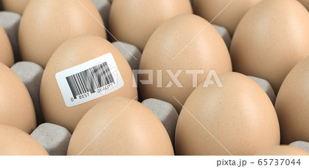 Chicken egg with barcode sticker. Quality control Chicken egg with barcode sticker. Quality control 65737044