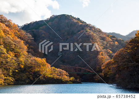 秋の塩原渓谷 紅葉風景 （栃木県那須塩原市 もみじ谷大吊橋付近から） 2019年11月撮影 65738452