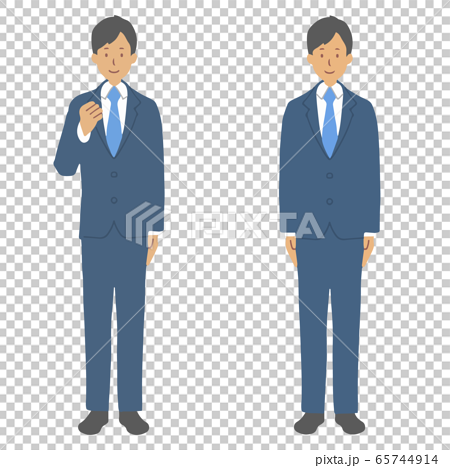 紺のスーツを着て立つ男性 ガッツポーズ 直立 のイラスト素材