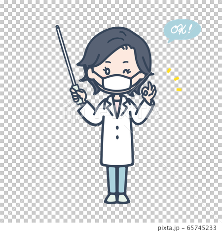 一位女醫生戴著面具的姿勢，給一個好的跡象，用指點棒的插圖 65745233