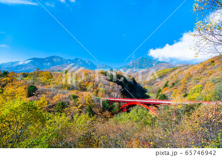 山梨県北杜市 紅葉に染まる東沢大橋と八ヶ岳 65746942