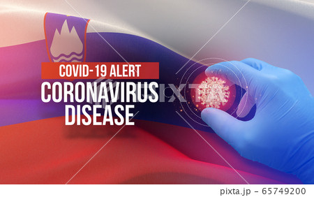 COVID-19 alert, coronavirus disease - letter typography text. Medical virus molecular concept with flag of Slovenia. 3D illustration. 65749200