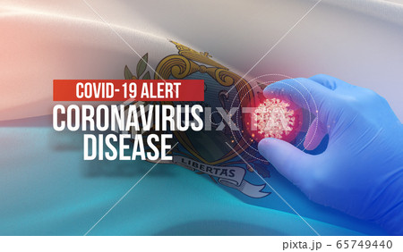 COVID-19 alert, coronavirus disease - letter typography text. Medical virus molecular concept with flag of San Marino. 3D illustration. COVID-19 alert, coronavirus disease - letter typography text. Medical virus molecular concept with flag of San Marino. 3D illustration. 65749440