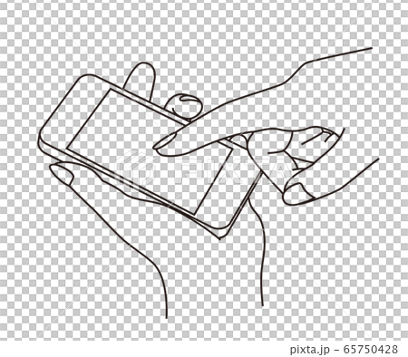 A line drawing illustration of a hand holding a smartphone and operating it with fingers 65750428
