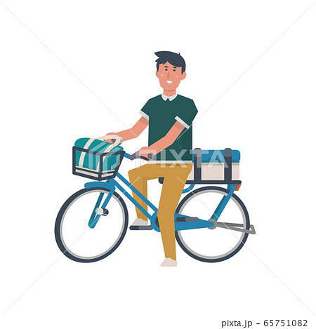 自転車に乗る男性 サイクリング 買い物 買い出し 通勤 配達 イラストのイラスト素材