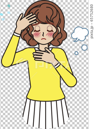 一個少婦以發燒和紅色喉嚨痛和手在她的頭和胸口。 65752680