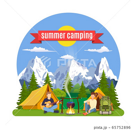 Group of young people are sitting around campfire 65752896