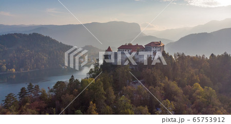 Aerial panoramic view of Lake Bled and the castle of Bled, Slovenia, Europe. Aerial drone photography. Aerial panoramic view of Lake Bled and the castle of Bled, Slovenia, Europe. Aerial drone photography. 65753912