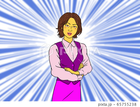 怒る腕組み女性社員(背景青） 65755238