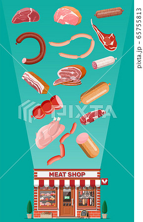 Vintage butcher shop store facade with storefront. 65755813