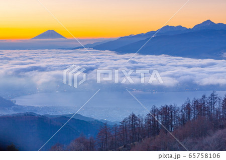 夜明けの富士山と雲海、長野県岡谷市高ボッチ高原にて 夜明けの富士山と雲海、長野県岡谷市高ボッチ高原にて 65758106