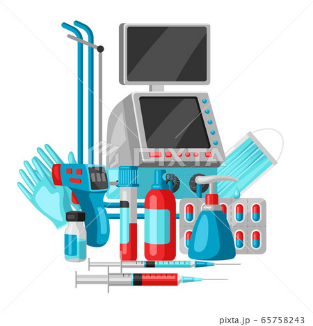 Illustration with medical equipment and protection. Illustration with medical equipment and protection. 65758243