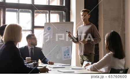 Confident businessman business coach giving flip chart presentation 65760600