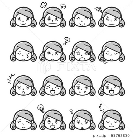 表情セット　女性の顔　モノクロ 65762850