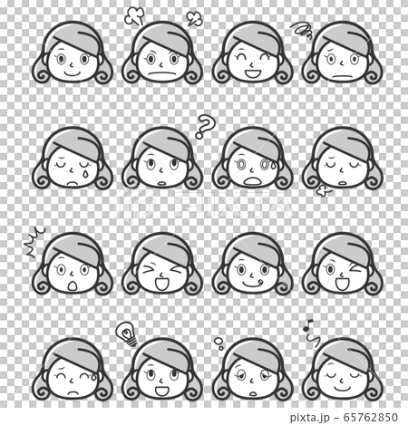 表情セット　女性の顔　モノクロ 65762850