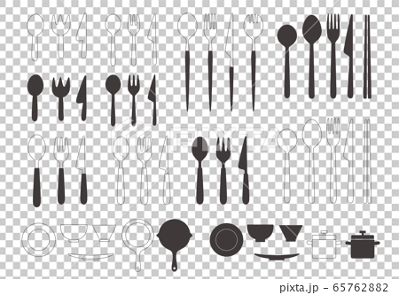 スプーンフォークナイフお皿フライパン鍋のイラストのイラスト素材 65762882 Pixta