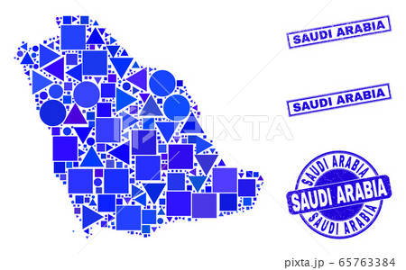 Blue Geometric Mosaic Saudi Arabia Map and Stamps Blue Geometric Mosaic Saudi Arabia Map and Stamps 65763384