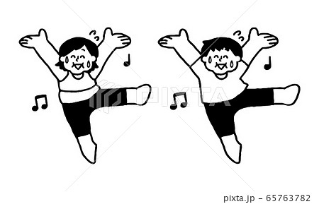 汗をかきながら笑顔で踊るスポーツウェアを着た肥満男性女性 シンプル のイラスト素材