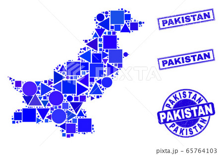 Blue Geometric Mosaic Pakistan Map and Stamps 65764103